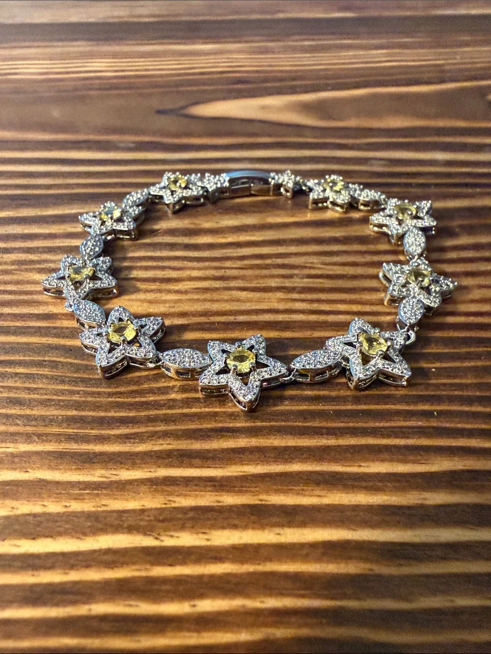 Silver Starflower Bracelet with Yellow Gem Centers Stainless Steel